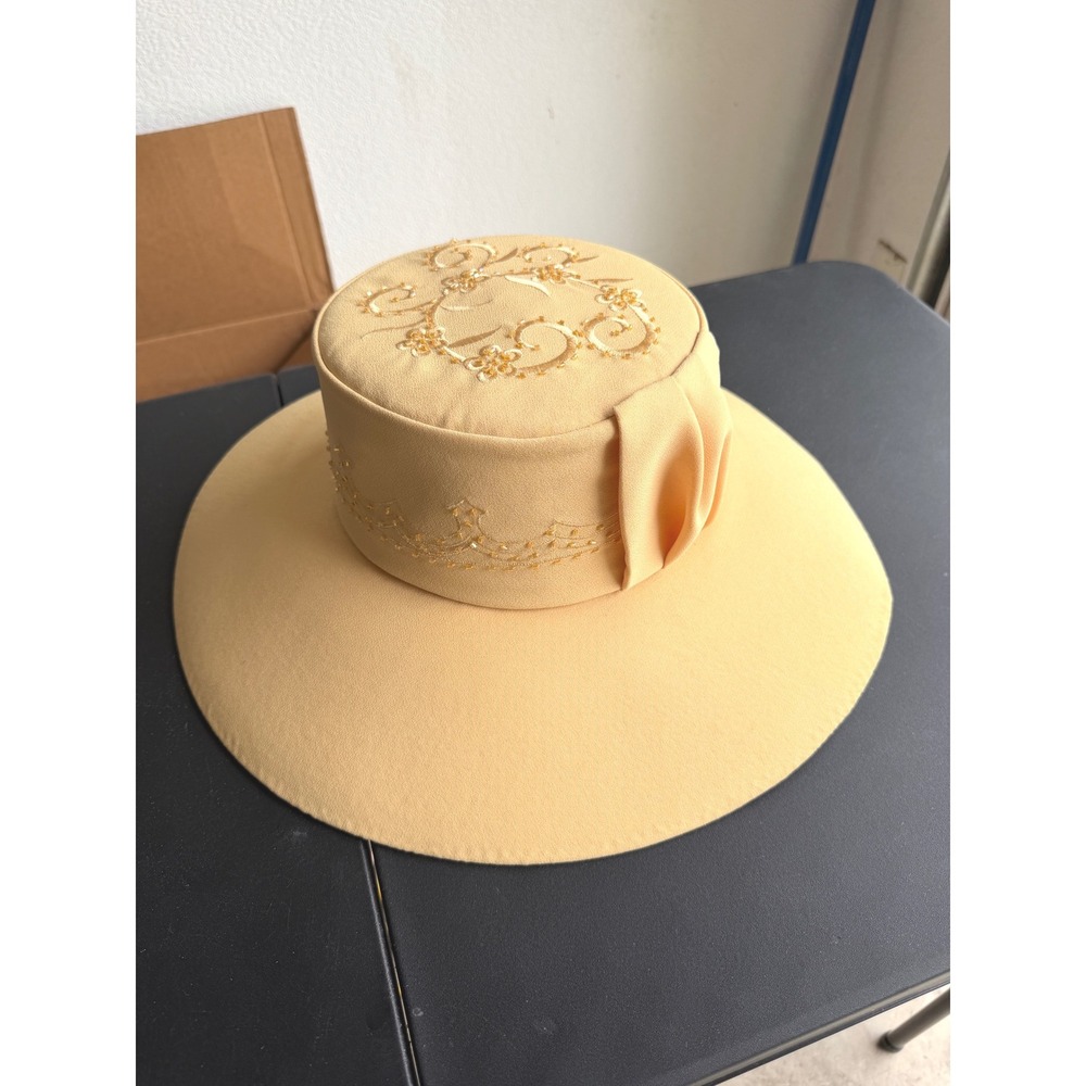 Fifth Sunday Exclusive Yellow Wide Brim Beaded Floral Church Dress Hat